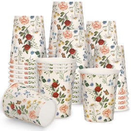 JarThenaAMCS 100Pcs Paper Cups 9 oz Vintage Wildflower Disposable Cups Retro Floral Party Cups for Wedding Bridal Shower Birthday Tea Party Supplies