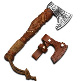 SIZZCO Custom Gift Forged Carbon Steel Viking Style Axe Bearded Axe with Rose Wood Shaft Tomahawk - Real Hatchet, Best Gift for Anniversary, Valentine's Day, Birthday, Premium Leather Sheath