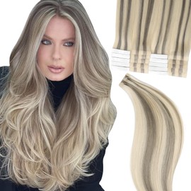 Eliysako Professional Invisible Tape hair human Hair Extensions #P60/16 Grey Brown Mix Blonde 14inch 50G/20s Tape In Extension Daily Styling Premium Human Hair Extensions Tape In Adhesive