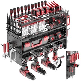 ODSNANIE Power Tool Organizer Wall Mount - 4 Layer Metal Power Tool Storage Rack, Cordless Drill Holder with 4 Hooks, Utility Storage Rack for Garage Workshop Shed Pegboard