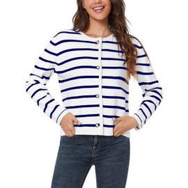 LATAHUO Women's Striped Cardigan Sweater Trendy Long Sleeve Button Down Crewneck Knit Cardigans(Navy+White, Medium)