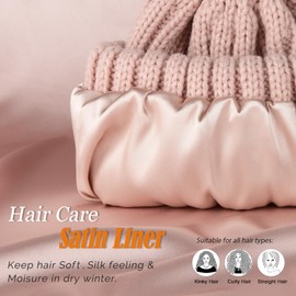 FURTALK Womens Beanie Satin Lined Knitted Beanie with Pom Winter Hats for Women Pink