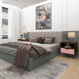 Manhattan Comfort Rockefeller Nightstand with Drawer and Cubby, Mid Century Modern Bedside Table, Minimalist Display and Storage Organizer, Ideal for Bedroom and Living Room, Nature/Rose Pink