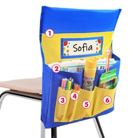 VNOM Chair Back Pocket School Seat Chair Storage Pocket Organizer with Label Slot Multiple Pockets for School Home Classroom Preschool Daycare (Red+Blue)