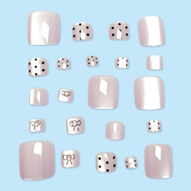 Cat Eye Press on Toenails Short Square Stick on Toenails with Rhinestone Bow Design Polka Dots Fake Toenails Summer False Toenails Glossy Skin Tones Glue on Toenails for Women Girls Manicure 24Pcs