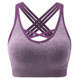 ANGOOL Padded Sports Bra Wirefree Mid Impact Yoga Bras Unique Cross Back Strappy for Gym Yoga Purple