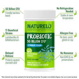NATURELO Probiotics for Digestive Health - 50 Billion CFU, 11 Strains, Daily Use Supplement - Boosts Immune System, Delayed Release, No-Fridge, 60 Vegetarian Capsules (Pack of 2)