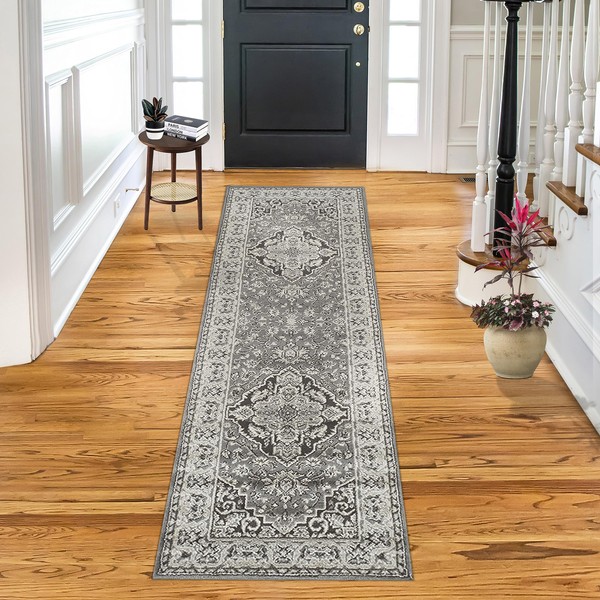 Superior Indoor Area Rug, Jute Backed, Traditional Oriental Medallion, Perfect for Hallway, Entryway, Living Room, Bedroom, Office, Kitchen, Glendale Collection, 2' 7" x 8', Grey