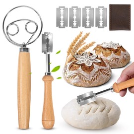 2 Pack Dough Whisk & Bread Lame Set – Beechwood Handle & Stainless Steel, Premium Sourdough Scoring Tool with 5 Replacement Scoring Edges, Breads Baking Accessories, Sourdough Tool for Kitchen
