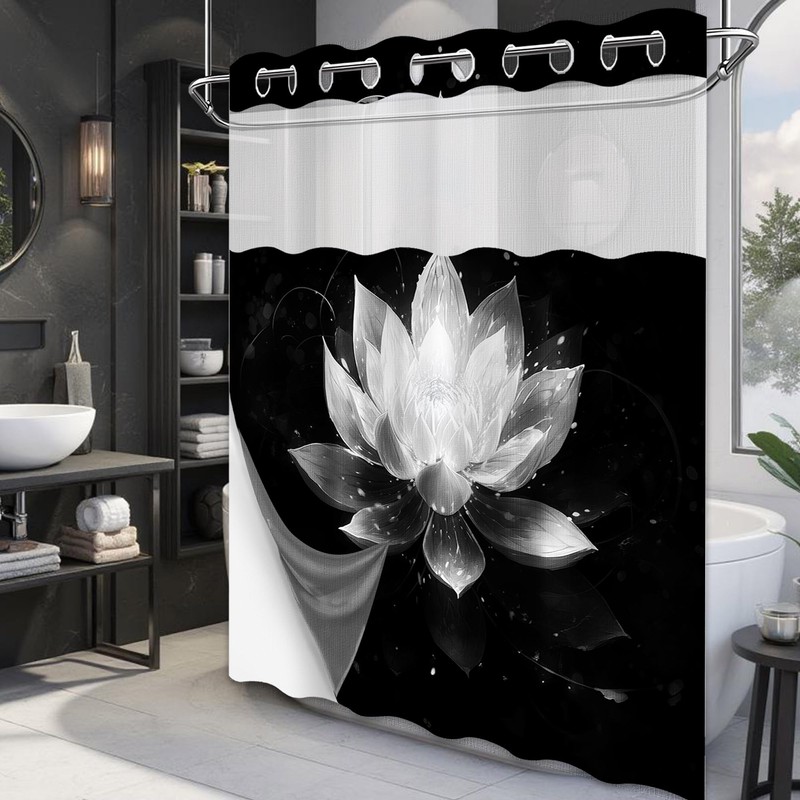 DLTAY Black and Grey Hookless Shower Curtain with Snap in
