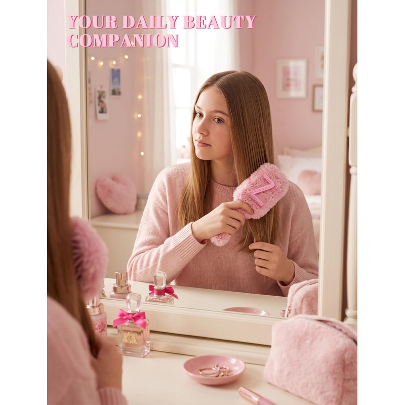 Initial Fluffy Detangler Brush & Compact Mirror, Cute Gifts for