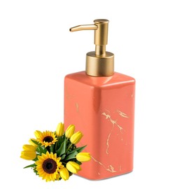 Gold Soap Dispenser for Bathroom Countertop, Square Pink Dish Soap Dispenser Pump Bottle with Golden Stripes for Kitchen Sink Laundry Shower Lotion, Ceramic Hand Soap Dispenser Pump for Soap Liquid