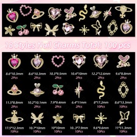 100 Pcs Gold Nail Charms, Cherry Crown Heart Planet Pink Nail Rhinestones and Charm, Snake Star Butterfly Bows Alloy Nails Y2K Charms, 3D Golden Charm for Nail Art DIY Supplies