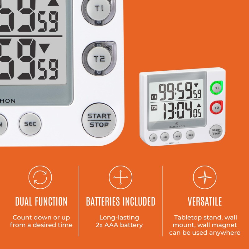 Marathon 100 Hour Dual Digital Timer, White - Large, Easy-to-Read