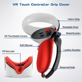 OOAVR Accesorios para Controlador VR de Oculus Quest 2 - Funda de Agarre, 2 Almohadillas Faciales de Silicona, Cubiertas para Joystick (Rojo/Set de 4 Piezas)