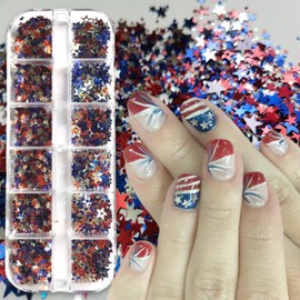 12 Grids 4th of July Holographic Nail Art Glitters Sequins Metallic Nail Glitter Flakes Independence Day Nail Art Supplies Red Blue Silver Mixed Sequins for Women Girls Acrylic Manicure Decorations