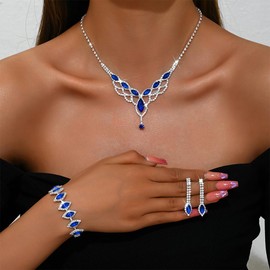 XFSRG Silver Jewellery Set Silver Wedding Jewellery Bridal Rhinestone Crystal Necklace with Blue/Silver Stones Bracelet Pendant Earring Set Wedding Jewellery Set Prom Costume Jewellery Set Bridal