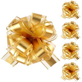 Tim&Lin 5 PCS Pull Bows 7 inches (17.7 cm) Large Gift Bows Gold Gift Wrap Bows Party Gift Ribbon Bows for Gift Baskets Wrapping Boxes or Flower Decorations