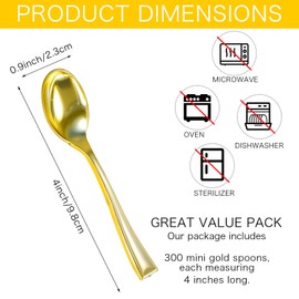 300 Pcs Disposable Mini Gold Spoons Set Bulk Small Plastic 4 Inch Serving Heavy Duty Plastic Tasting Spoons for Desserts Sampling or Appetizers