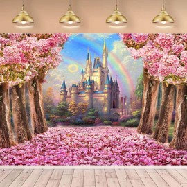 Cherry blossoms Flowers wall Background,Rainbow Castle backdrop Princess Girls Photo Booth,3D Realistic Flower Background for Birthday Wedding Baby Shower Party Decorations Girls Photo Background