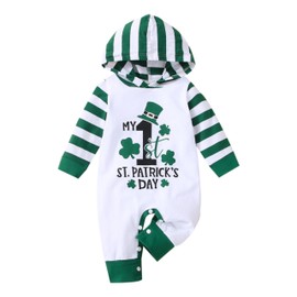 LIKPOJA St. Patrick's Day Baby Outfit Baby Boys Girls Clover Costumes Green Hoodies Infant Bodysuit Onesie Newborn Romper(Green A,9-12 Months)