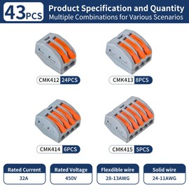 43Pcs Compact Lever Wire Connectors Kit, 2/3/4/5 Conductor Splicing Electric Push-in Wire Splice Connectors for Household Wiring 28-11 AWG