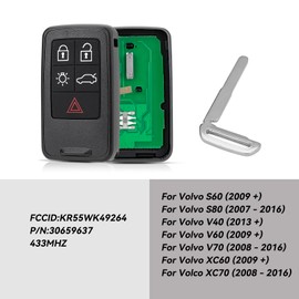 5 Button For Volvo Key Fob For Volvo S60 S80 V40 V60 V70 XC60 XC70 Volvo Smart Remote Key Fob 433mhz with Key Ring FCCID:KR55WK49264