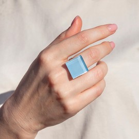 ALEXASCHA® Square Statement Glass Ring • Adjustable Stainless Steel Ring Open • Architect Gifts • Adjustable Ring Size 53-63 (Min. Diameter 17 mm) • Glass Stone 20 mm x 20 mm x 3 mm (Sky Blue)