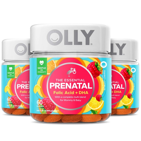 Olly Prenatal Multivitamin Gummy, Folic Acid, Vitamin D, Omega DHA, Chewable Supplement, 60 Gummies Citrus 3 Count