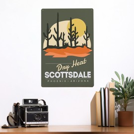 Lantern Press 12x18 Inch Metal Sign, Scottsdale, Phoenix, Arizona, Dry Heat, Desert Scene, Vector