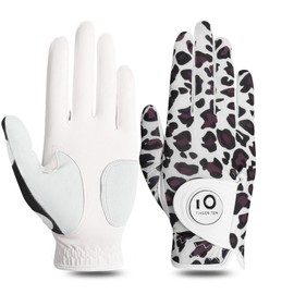 FINGER TEN Golf Gloves Women Left Right Hand Leather with Ball Marker Value Pack, Colored Glove for Ladies Right Left Handed Golfer All Weather Grip (Full-Leopard, X-Large, Right)