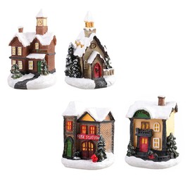 Uonlytech 4pcs Christmas Luminous House LED Light up Village DIY Resin Chalet Cottage Model Hanging Ornaments for Xmas Tree Home Table Decors
