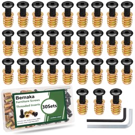 Bemaka 30 Sets 1/4-20 x 3/4" Furniture Screw Threaded Wood Inserts, Screw-in Nuts 1/4-20 x 19/32" Furniture Bolts Fastener Connector Hex Socket Drive with Two Hex Wrenches
