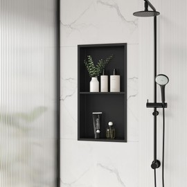 Qeke Stainless Steel Shower Niche 24" X 12", No Tile Needed Wall Niche Double Shelves, Recessed Shower Shelf for Bathroom Storage, Matte Black