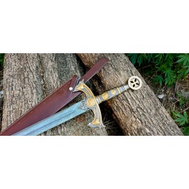 Medieval Templar Stainless Steel and Damascus Steel Sword | Scottich Claymore Long Hand Stainless Steel and Damascus Steel Sword with Leather Sheath (Damascus Templar)