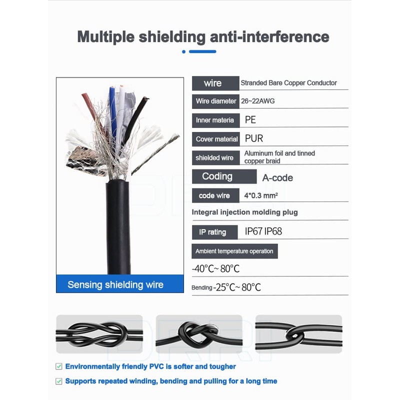 DRRI Industrial Sensor Cable M12 4-Pin Female A-Code Aviation Connector