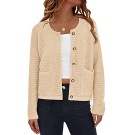 PRETTYGARDEN Open Front Cardigan Sweaters for Women Button Down Long Sleeve Casual Cute Knitted Shirts with Pockets (Beige,Medium)