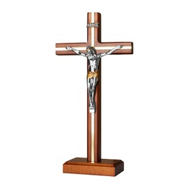 KUXBET Standing Crucifix Cross with Detachable Stand 10.6 Inch Catholic Wooden Jesus Christ Wall Hanging Cross for Home Decor - Antique Gold (10.6" L x 5.2" W)