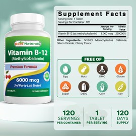 Best Naturals Vitamin B-12 as Methylcobalamin (Methyl B12), 6000 mcg 120 Sublingual Tablets (120 Count (Pack of 2))