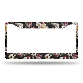 Beabes Retro Floral License Plate Frame Vintage Rose License Plate Holder Peony Blossom Car Tag Frame License Plate Cover Car Accessories 2 Holes Novelty Auto Car Tag Vanity Present