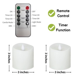 MISSTIME 3x3 Flickering Flameless Candles Set of 2,3 inch Real Wax LED 600 Hours Battery Candles with Timer Remote,Control for Wedding Party Indoor, White