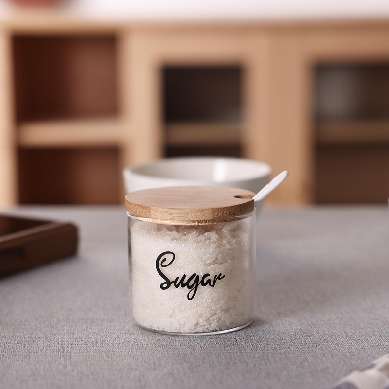 Clear Glass Sugar Bowl with Serving Spoon and Bamboo Lid,