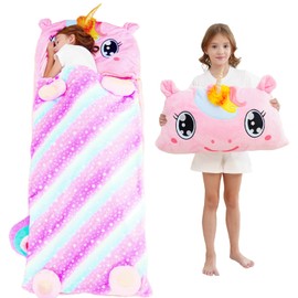 Kid Sleeping Bag with Pillow - Larger Toddler Nap Mat - Plush Unicorn Slumber Bag for Boys Girls Daycare Preschool Kindergarten Birthday Gift Travel Sleepover Ages 3-12 Years