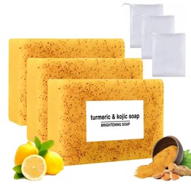3PCS Lemon Turmeric KojicAcid Soap, Turmeric & KojicAcid Brightening Soap, DarkSpot Remove, Soap Body CareBody Wash Lemon Flawless Organicr, KojicAcid Soap:_3 Counts Soap+ 3 Counts Soap Bag