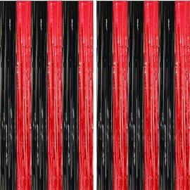 2 Pack Black and Red Foil Fringe Curtains Photo Booth Prop Tinsel Streamer Backdrops Birthday Party Supplies Graduation Xmas Holiday Party Decorations, 3.3 x 6.6 ft