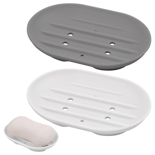 Pack of 2 Silicone Soap Dish, Oval Soap Dish with Drain, Soap Dish Non-Slip and Robust for Bathroom, Kitchen, Counter, Shower, Soft Soap Dishes for Keeps Soap Dry (White + Grey)