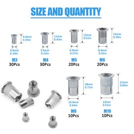 BESTYCHAO 120pcs Rivet Nut 304 Stainless Steel Flat Head Threaded Insert Nutsert, Rivnut Assortment Kit M3 M4 M5 M6 M8 M10