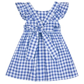 AGQT Baby Girls Plaid Dress Gingham Fly Sleeve Backless Summer Dresses Spring Smocked Birthday Easter Dresses Blue Size 12-18 Months