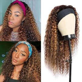 Headband Wig Human Hair Ombre Highlight Curly Human Hair Wig Headband Wigs for Black Women None Lace Front Machine Made Human Hair Wig 150% Density (10 inch, 4/27 Highlight)