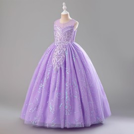 IDOPIP Sequin Appliques Flower Girl Dress for Kids Wedding Bridesmaid Pageant Party Formal Long Maxi Gown Big Little Princess First Communion Birthday Prom Shiny Puffy Tulle Dresses Purple 7-8 Years